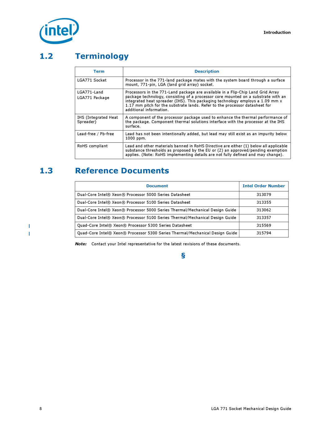 Intel LGA 771 manual Terminology, Reference Documents, Term Description, Document Intel Order Number 