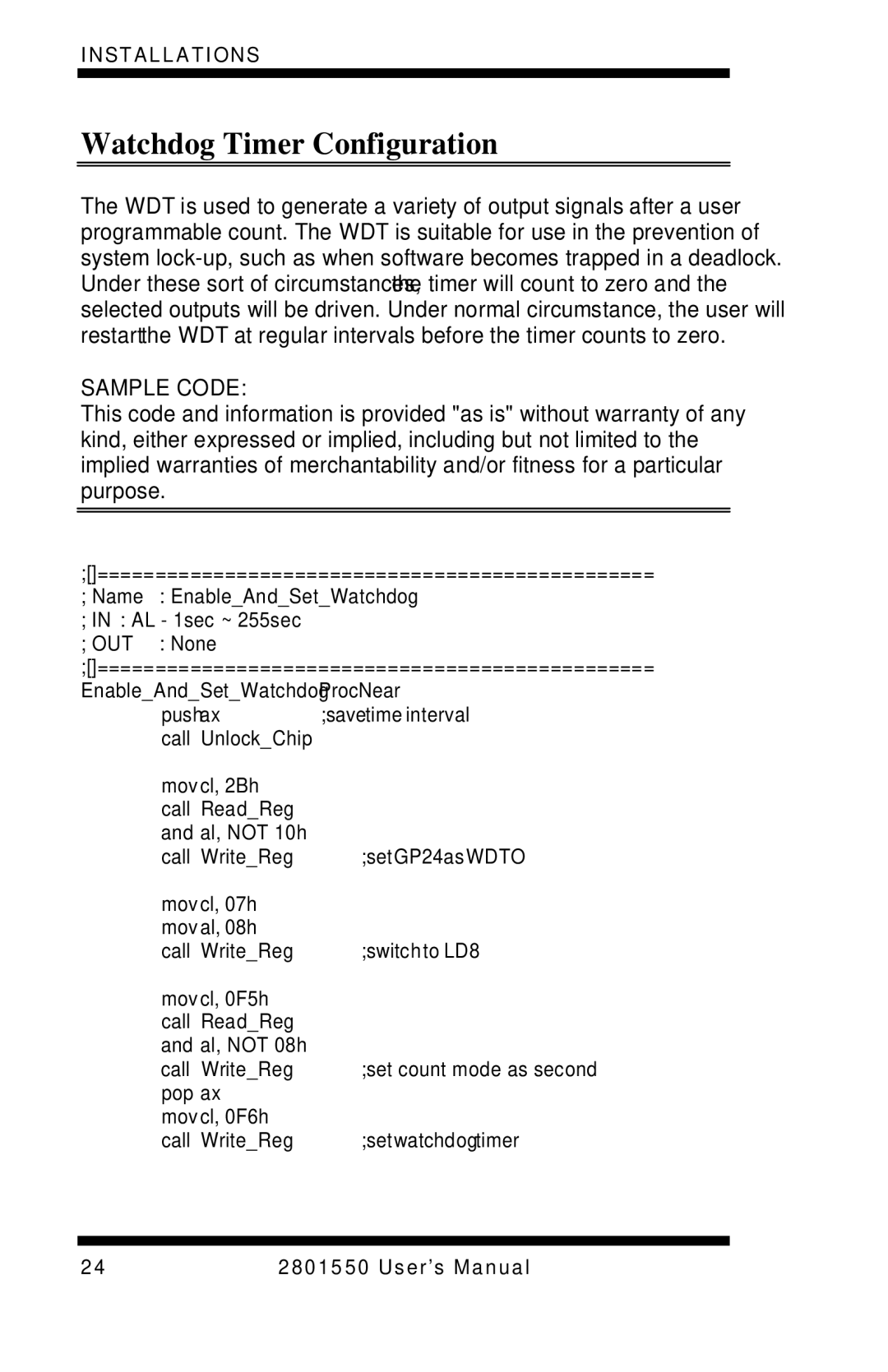 Intel LGA775 user manual Watchdog Timer Configuration, Sample Code 