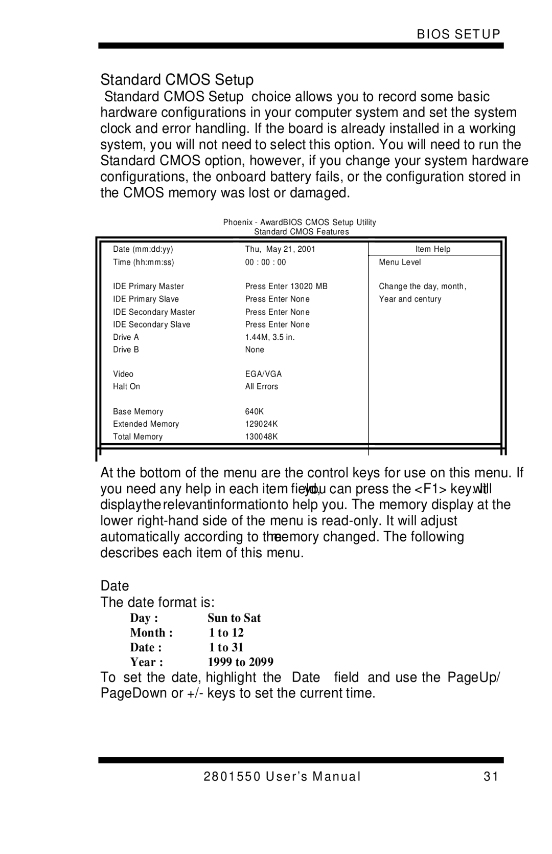 Intel LGA775 user manual Standard Cmos Setup, Date 