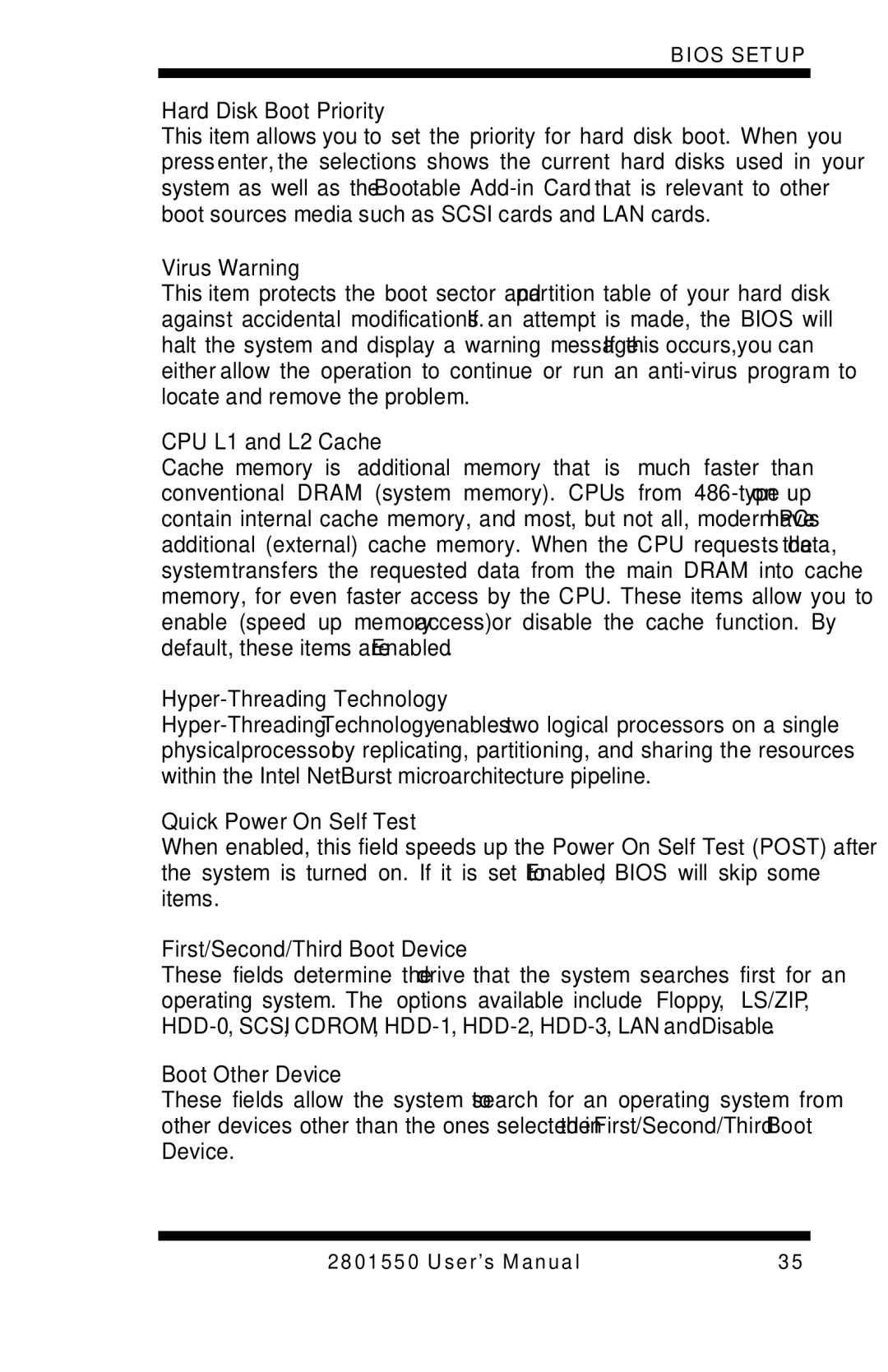 Intel LGA775 Hard Disk Boot Priority, Virus Warning, CPU L1 and L2 Cache, Hyper-Threading Technology, Boot Other Device 