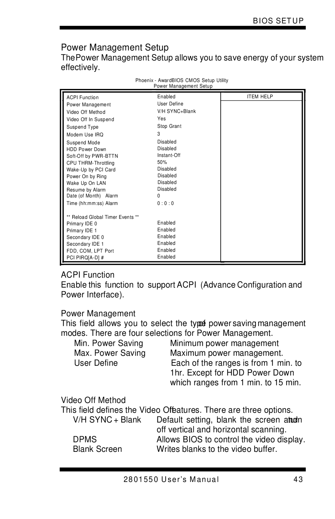 Intel LGA775 user manual Power Management Setup, Acpi Function, Video Off Method 