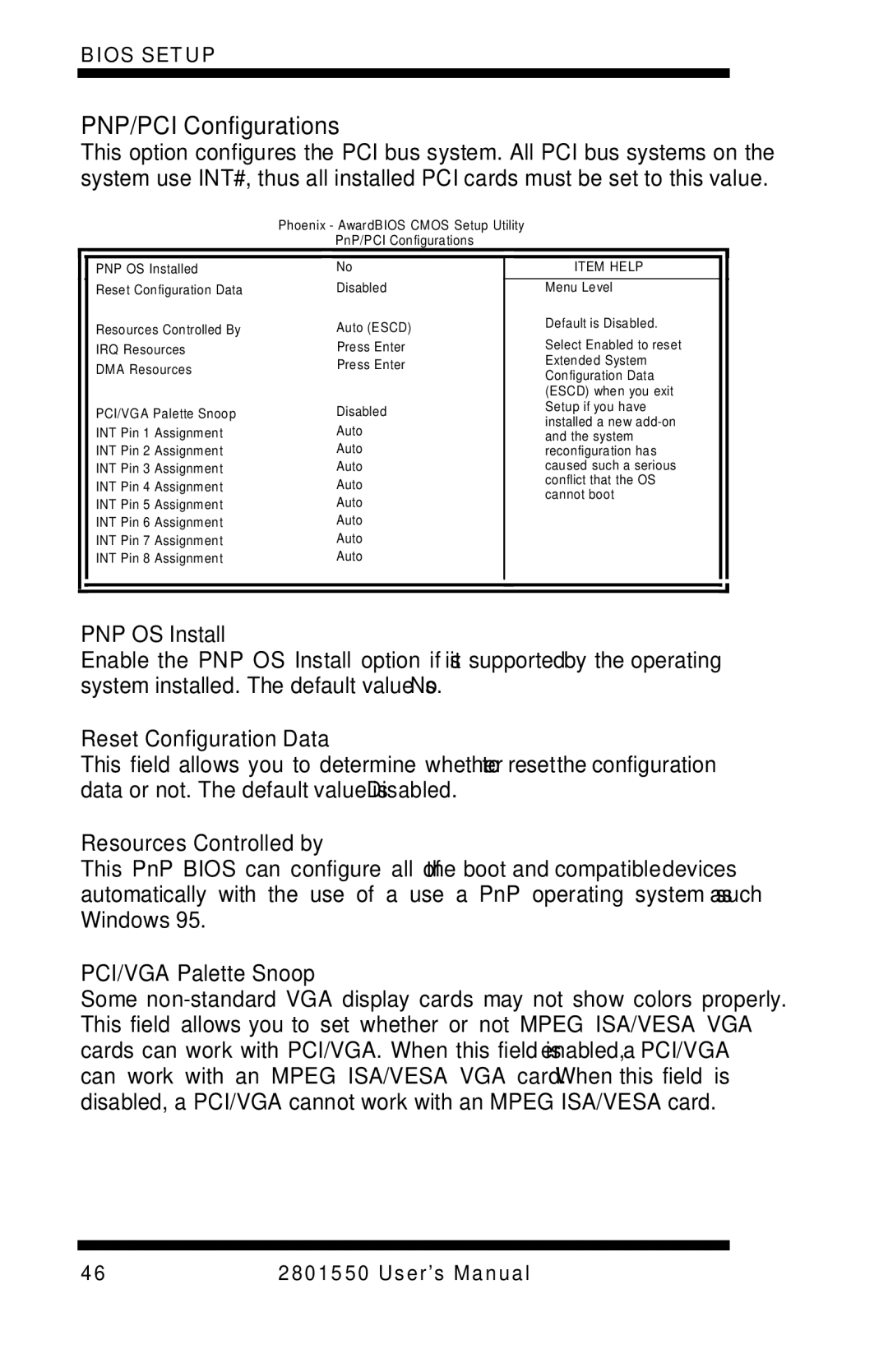 Intel LGA775 user manual PNP/PCI Configurations, PNP OS Install, Reset Configuration Data, Resources Controlled by 