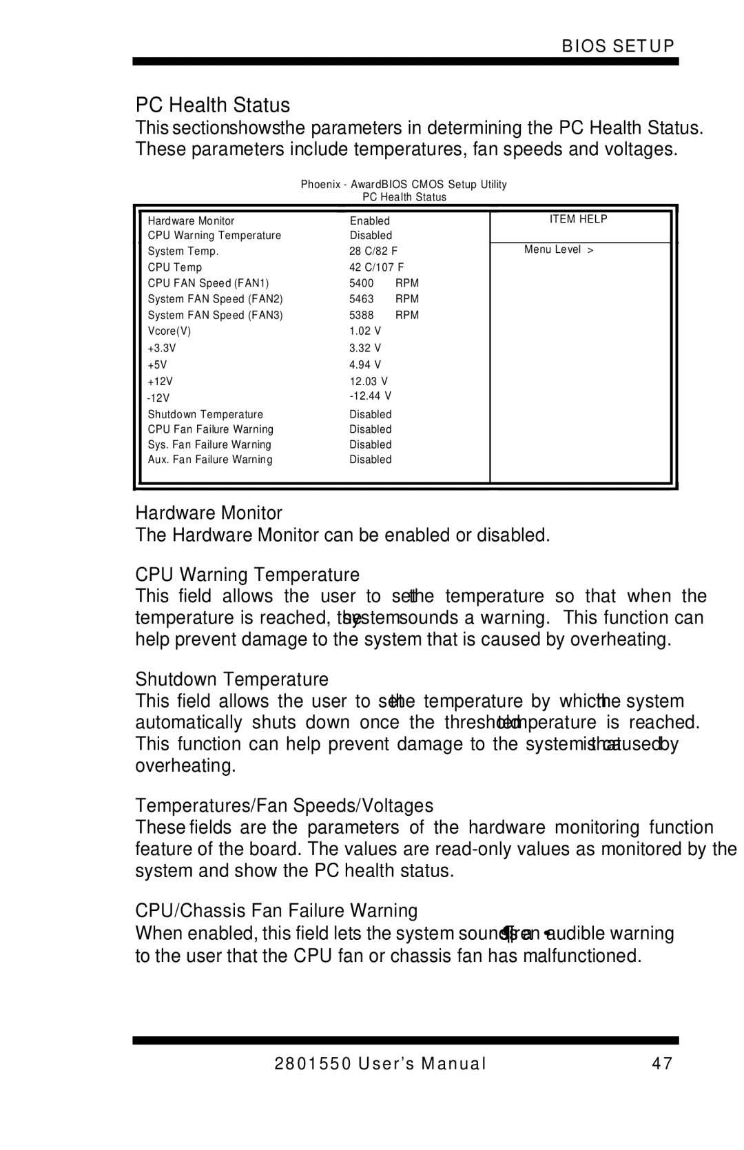 Intel LGA775 user manual PC Health Status 