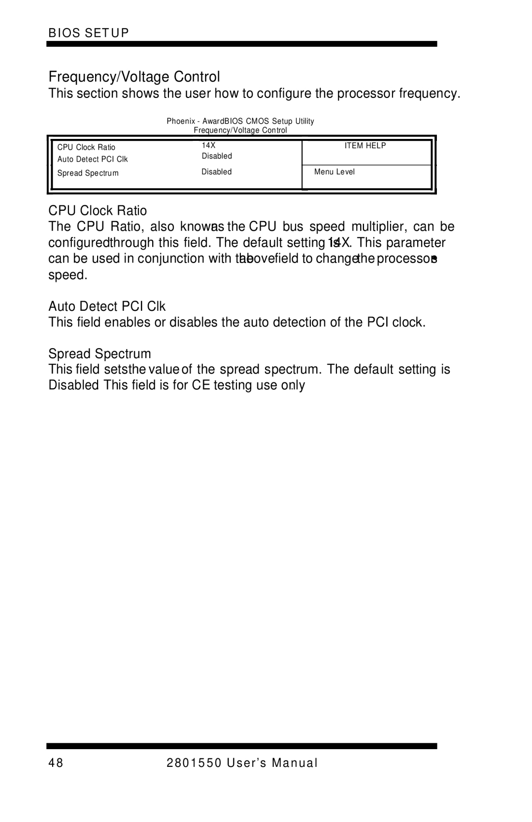 Intel LGA775 user manual Frequency/Voltage Control, CPU Clock Ratio, Auto Detect PCI Clk, Spread Spectrum 