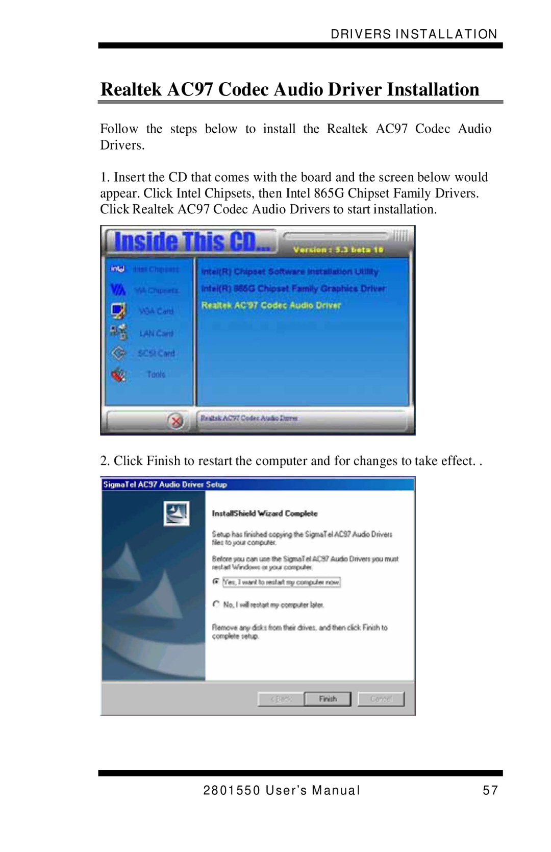 Intel LGA775 user manual Realtek AC97 Codec Audio Driver Installation 