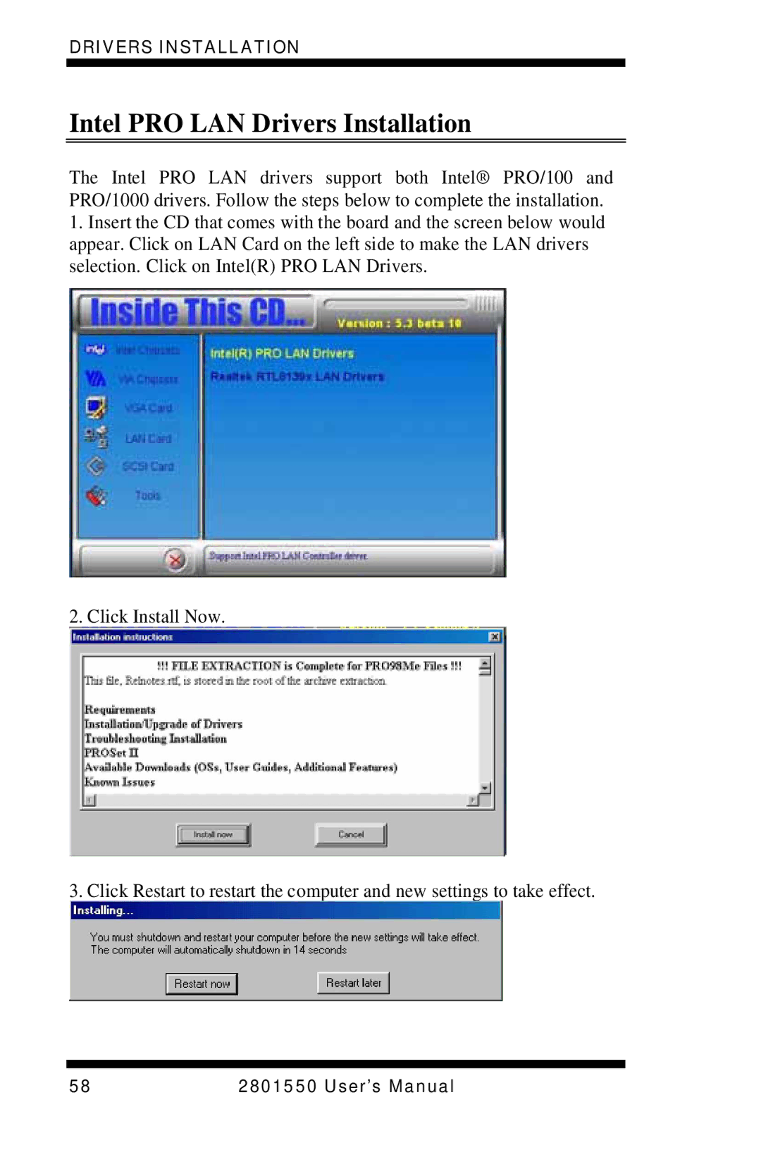 Intel LGA775 user manual Intel PRO LAN Drivers Installation 