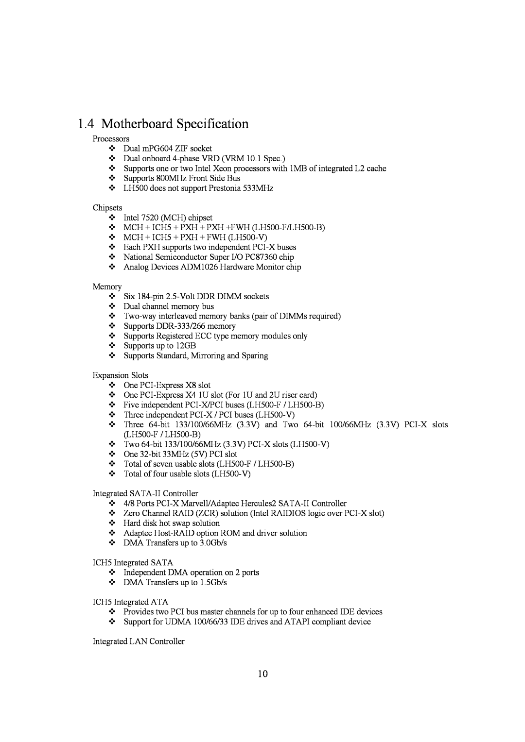 Intel LH500 user manual Motherboard Specification 