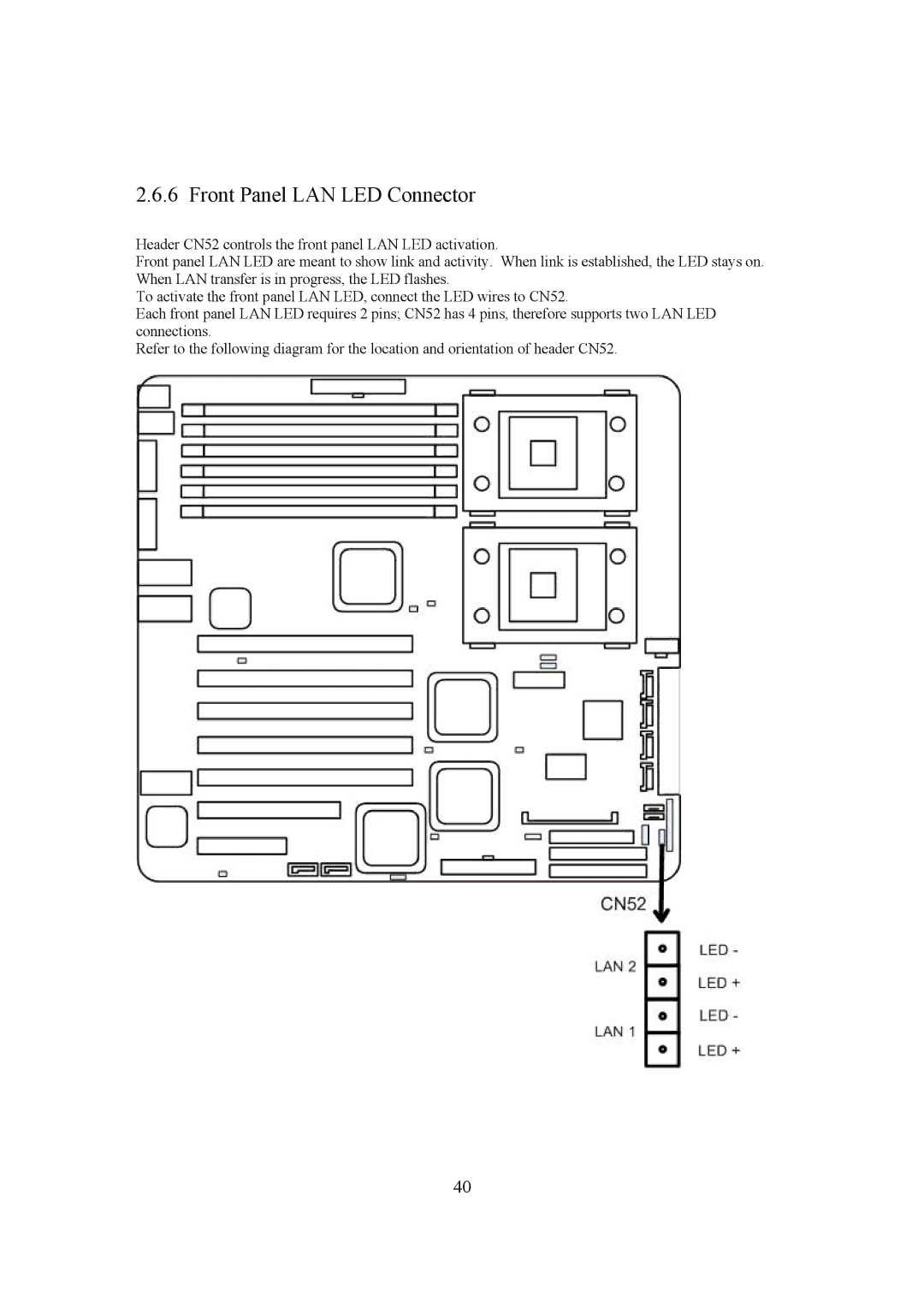 Intel LH500 user manual Front Panel LAN LED Connector 