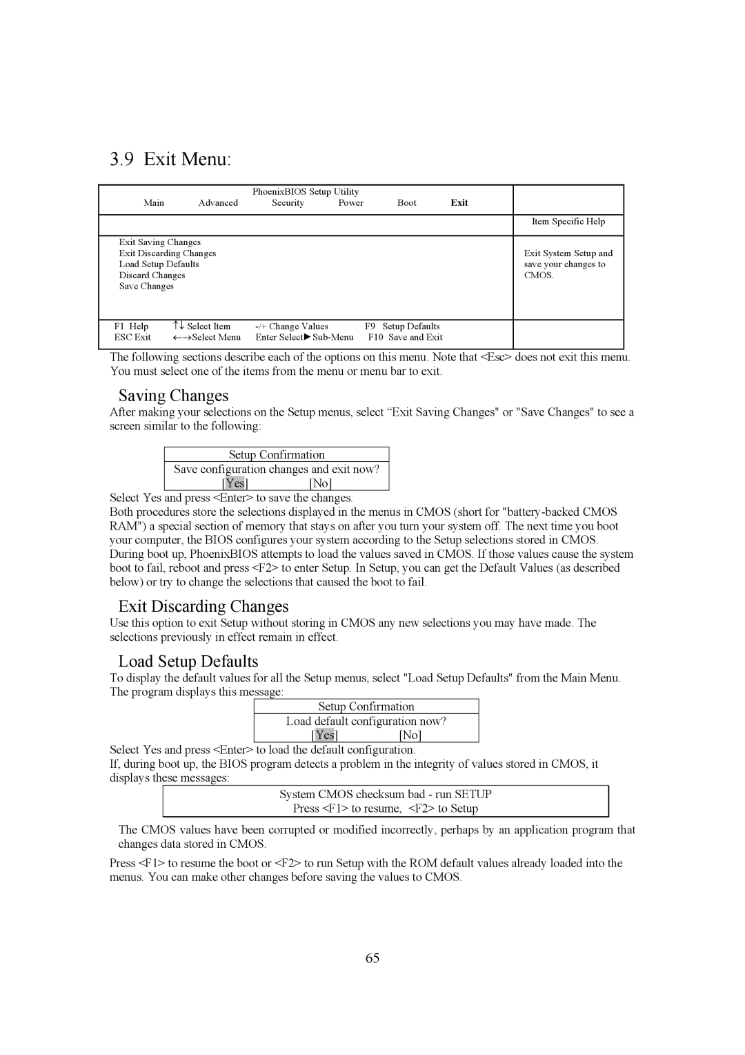 Intel LH500 user manual Exit Menu, Saving Changes, Exit Discarding Changes, Load Setup Defaults 