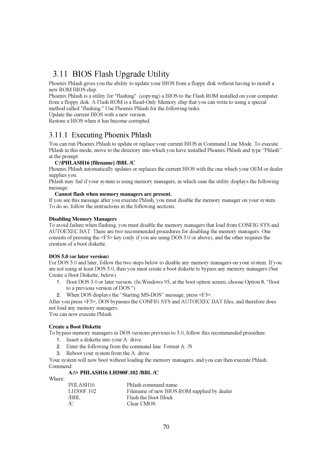 Intel LH500 user manual Bios Flash Upgrade Utility, Executing Phoenix Phlash, PHLASH16, Bbl 