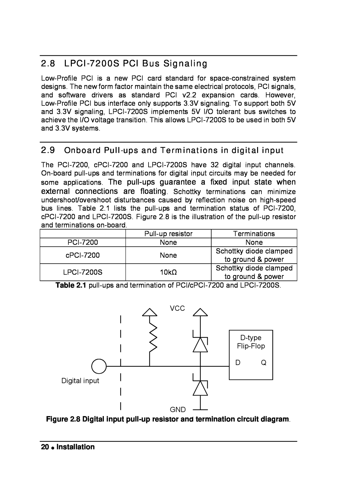 Intel manual LPCI-7200S PCI Bus Signaling, Onboard Pull-ups and Terminations in digital input, Installation 