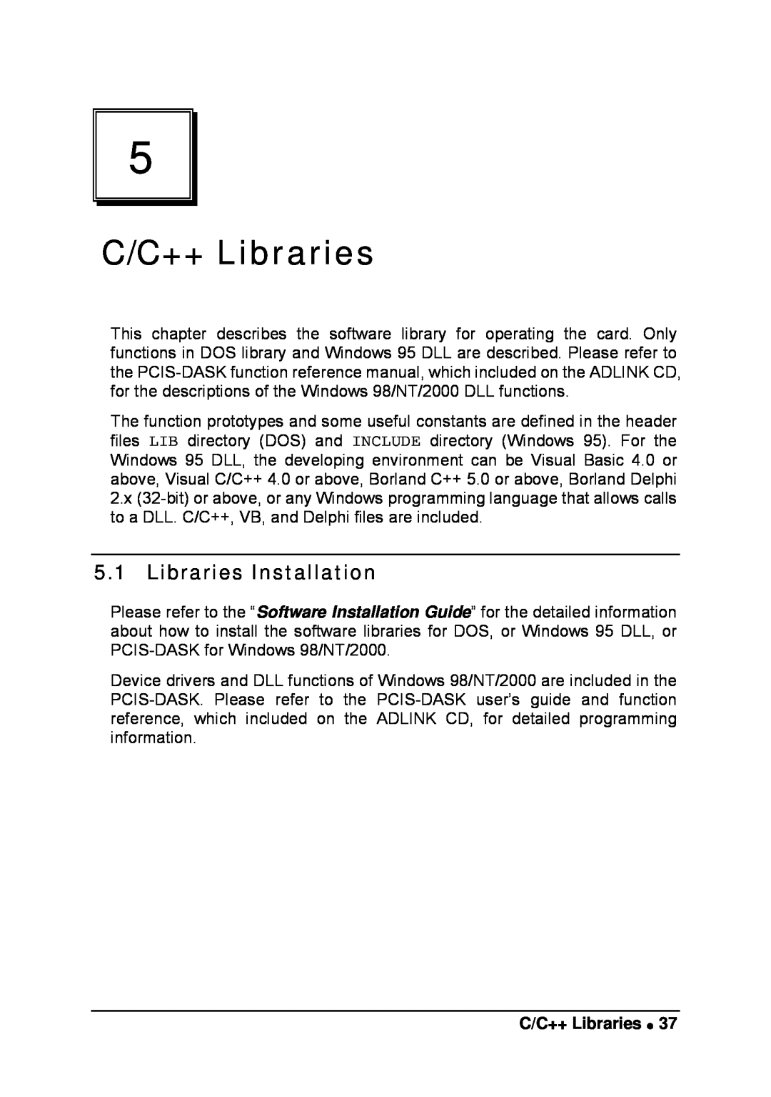 Intel LPCI-7200S manual C/C++ Libraries, Libraries Installation 