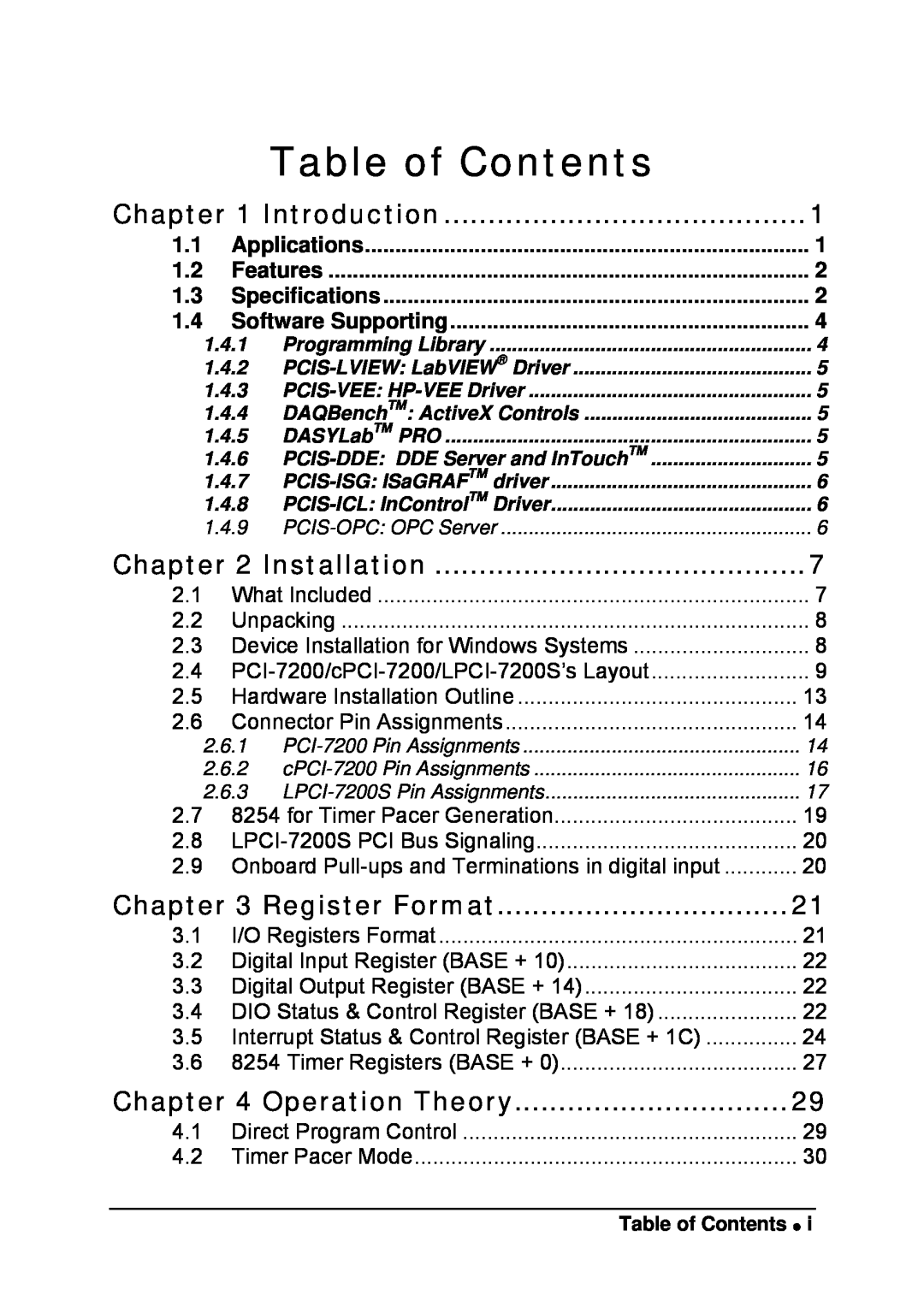 Intel LPCI-7200S manual Table of Contents, Introduction, Installation, Register Format, Operation Theory 