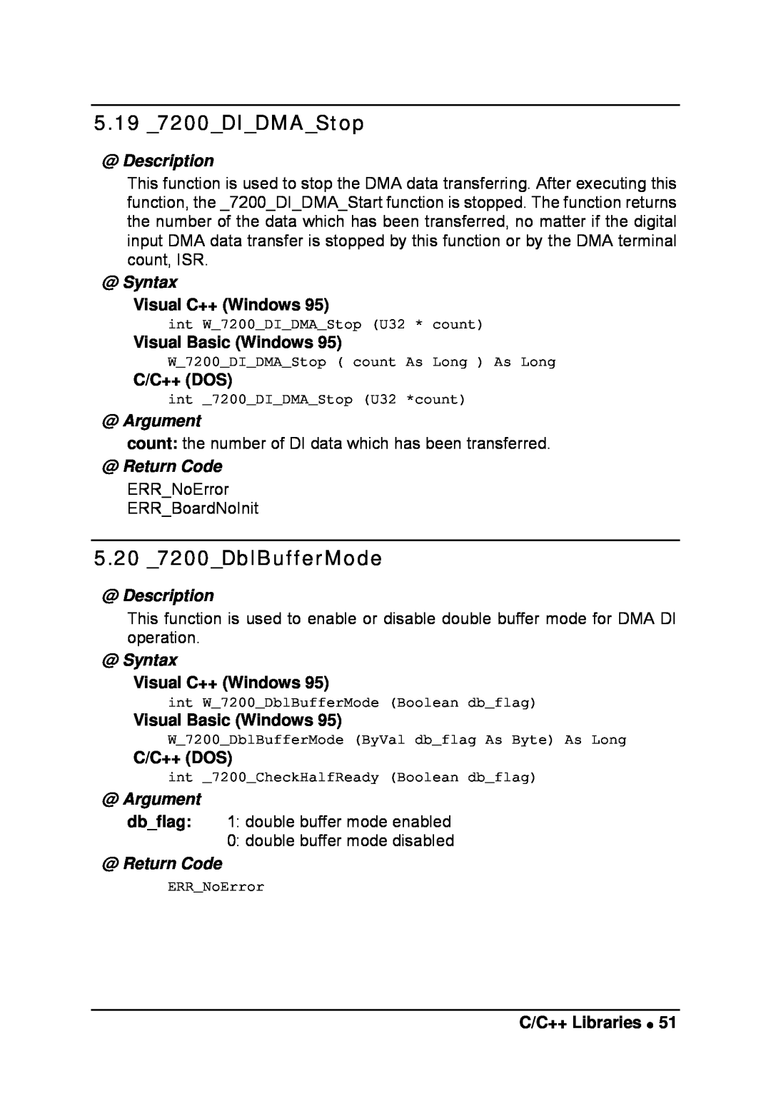 Intel LPCI-7200S manual 5.19 7200DIDMAStop, 5.20 7200DblBufferMode, @ Description, @ Syntax, Visual C++ Windows, C/C++ Dos 