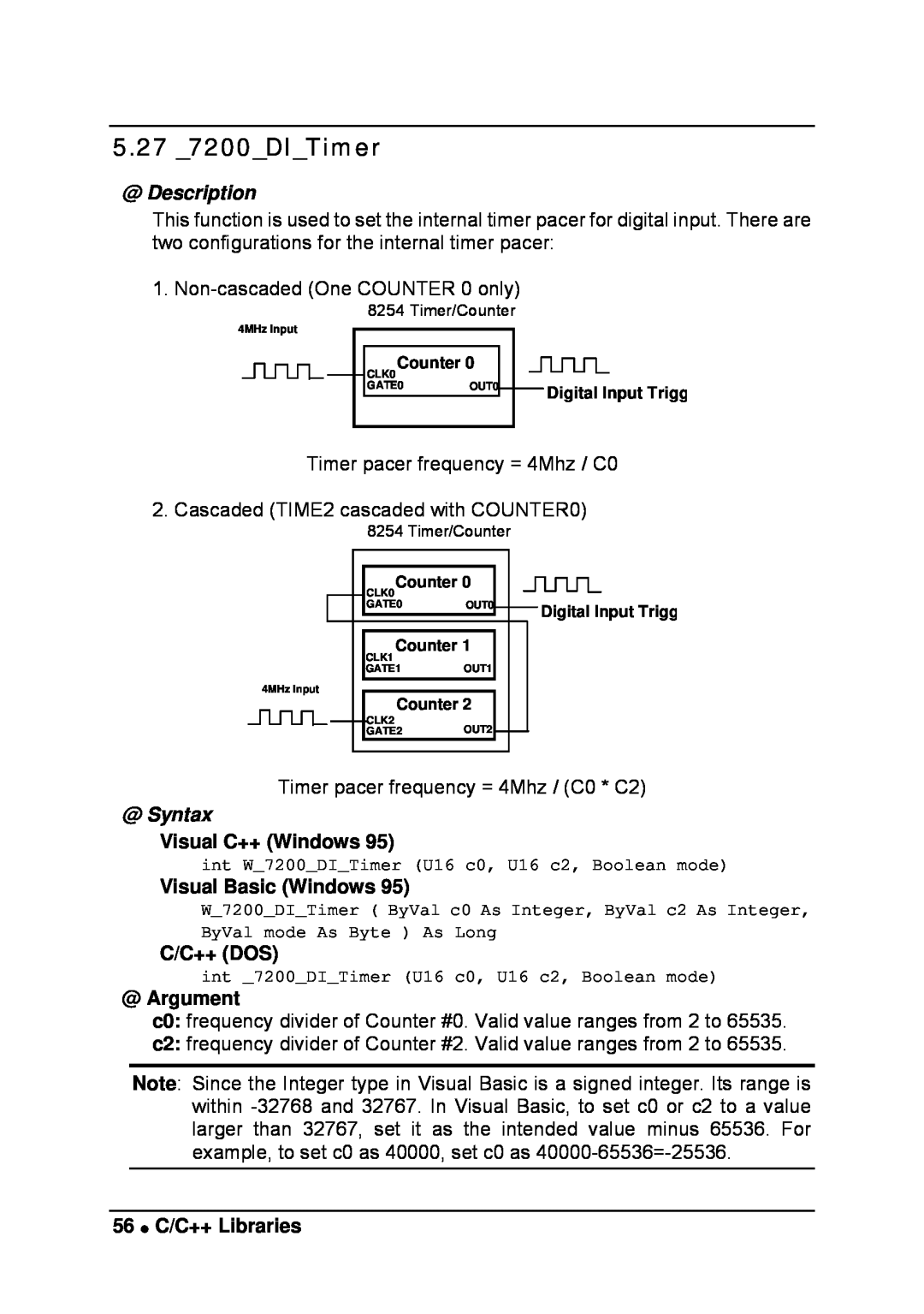 Intel LPCI-7200S manual 5.27 7200DITimer, @ Description, @ Syntax, Visual C++ Windows, Visual Basic Windows, C/C++ Dos 
