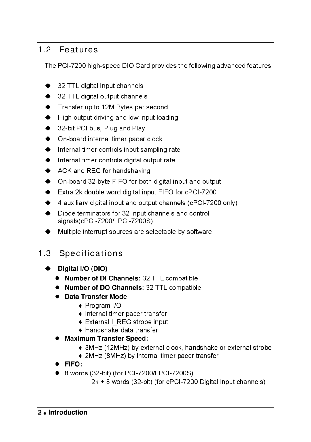 Intel LPCI-7200S manual Features, Specifications, Maximum Transfer Speed, Fifo 