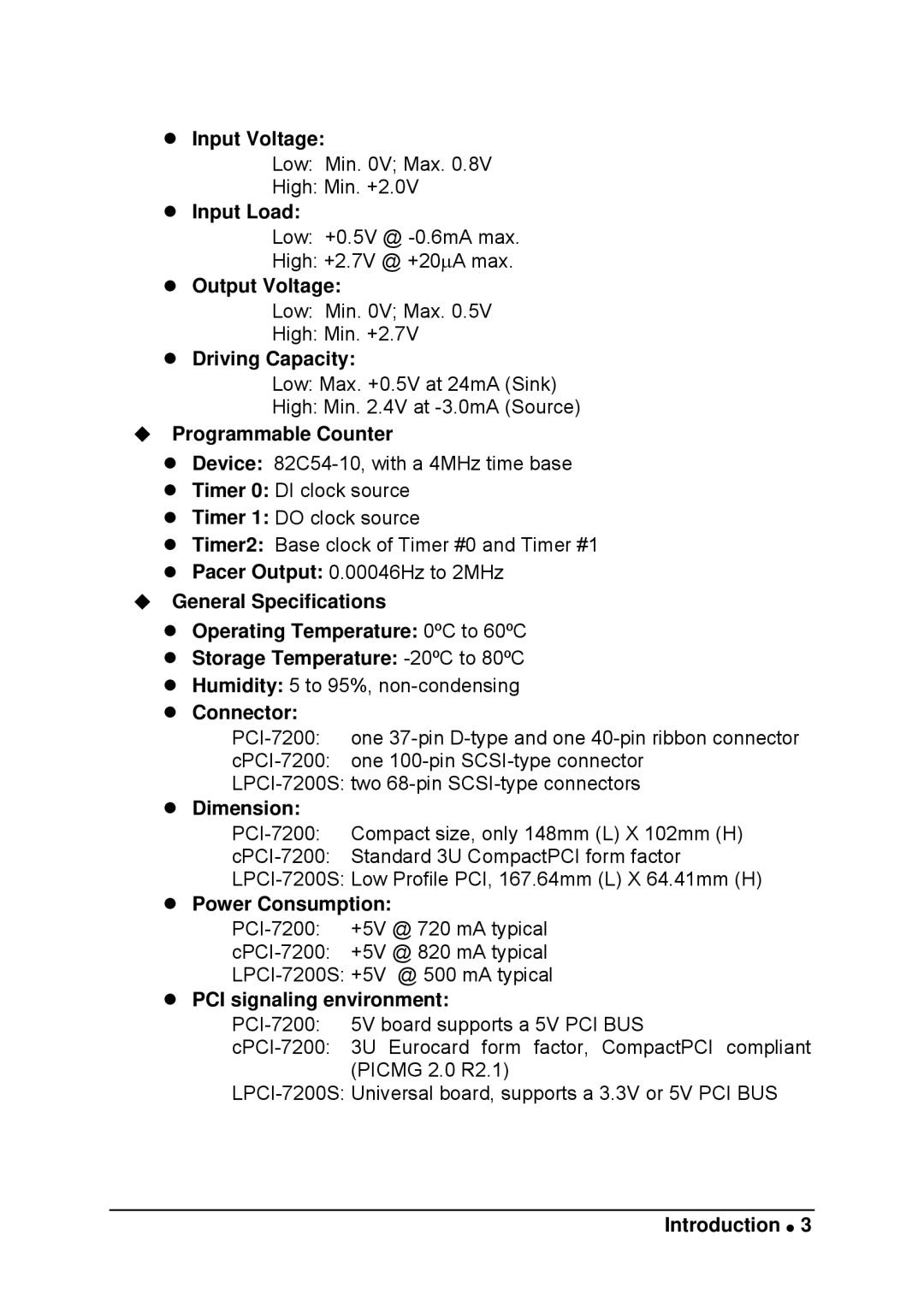 Intel LPCI-7200S Input Voltage, Input Load, Output Voltage, Driving Capacity, ‹ Programmable Counter, Connector, Dimension 