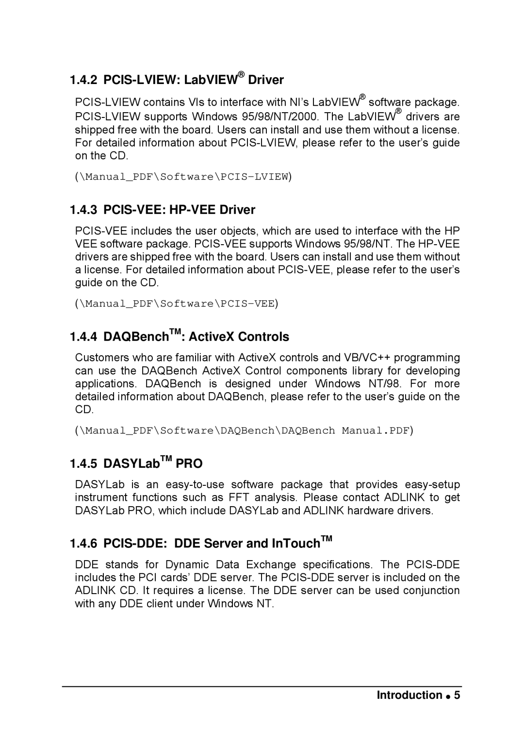 Intel LPCI-7200S manual PCIS-LVIEW LabVIEW Driver, PCIS-VEE HP-VEE Driver, DAQBenchTM ActiveX Controls, DASYLabTM PRO 