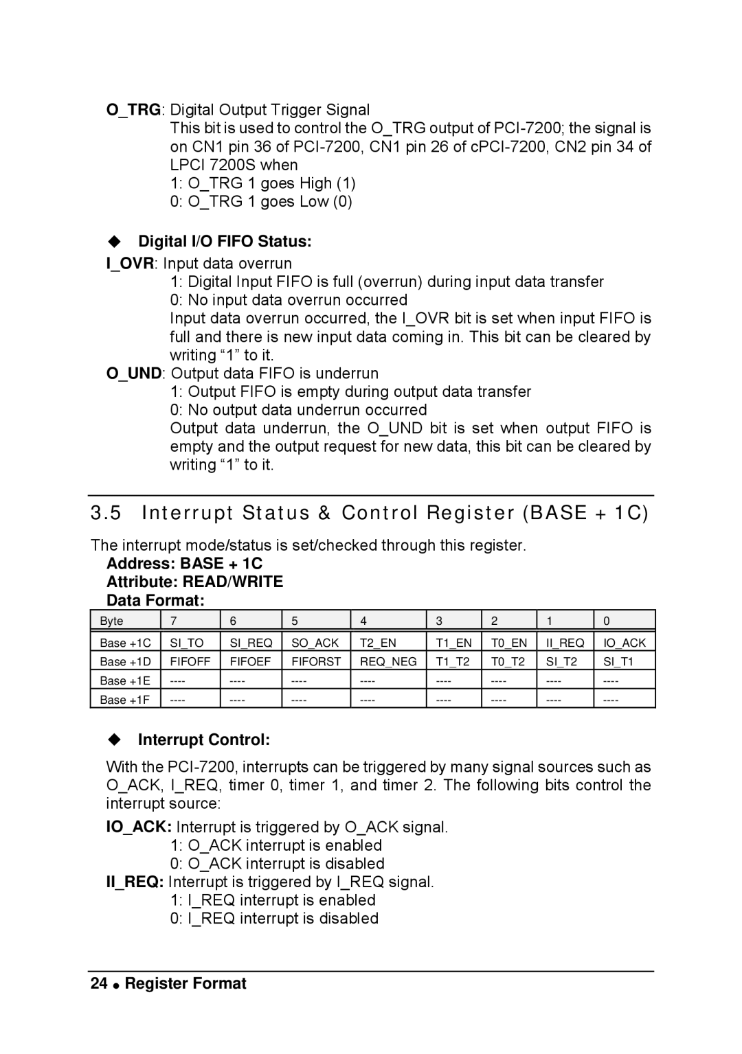 Intel LPCI-7200S manual Interrupt Status & Control Register Base + 1C, ‹ Digital I/O Fifo Status, ‹ Interrupt Control 