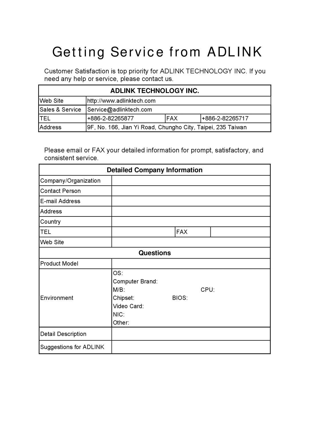 Intel LPCI-7200S manual Getting Service from Adlink, Detailed Company Information, Questions 