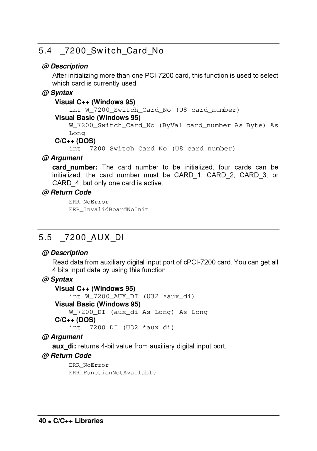 Intel LPCI-7200S manual 7200SwitchCardNo, 7200AUXDI, 40 C/C++ Libraries 