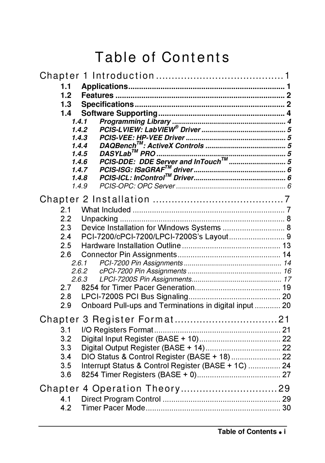 Intel LPCI-7200S manual Table of Contents 