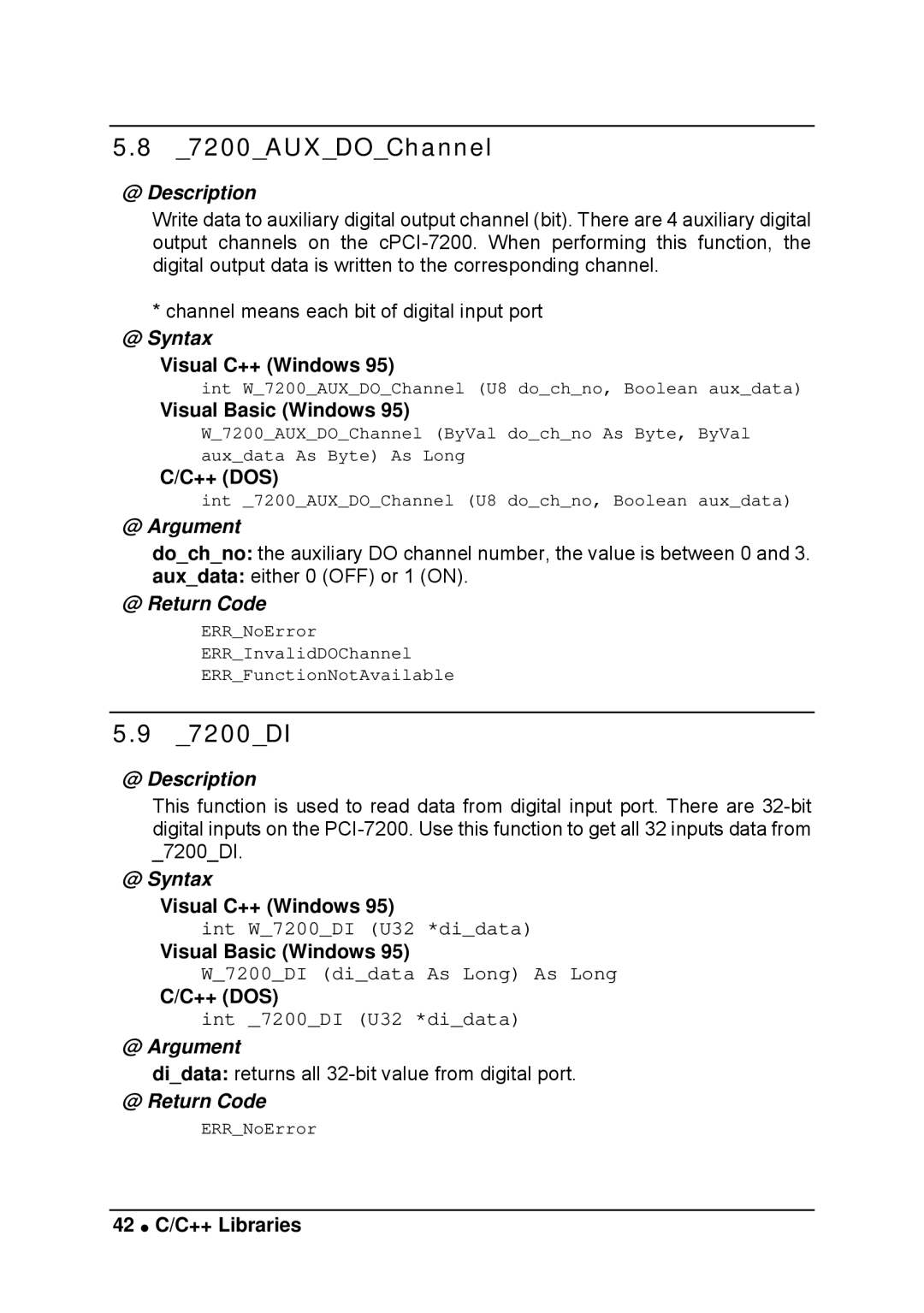 Intel LPCI-7200S manual 7200AUXDOChannel, 7200DI, 42 C/C++ Libraries 