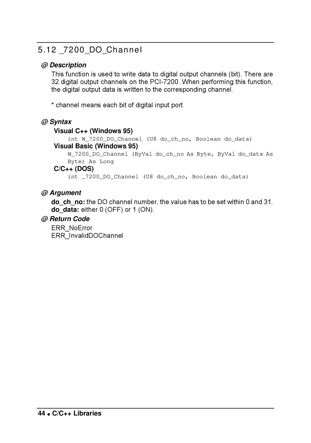 Intel LPCI-7200S manual 12 7200DOChannel, 44 C/C++ Libraries 