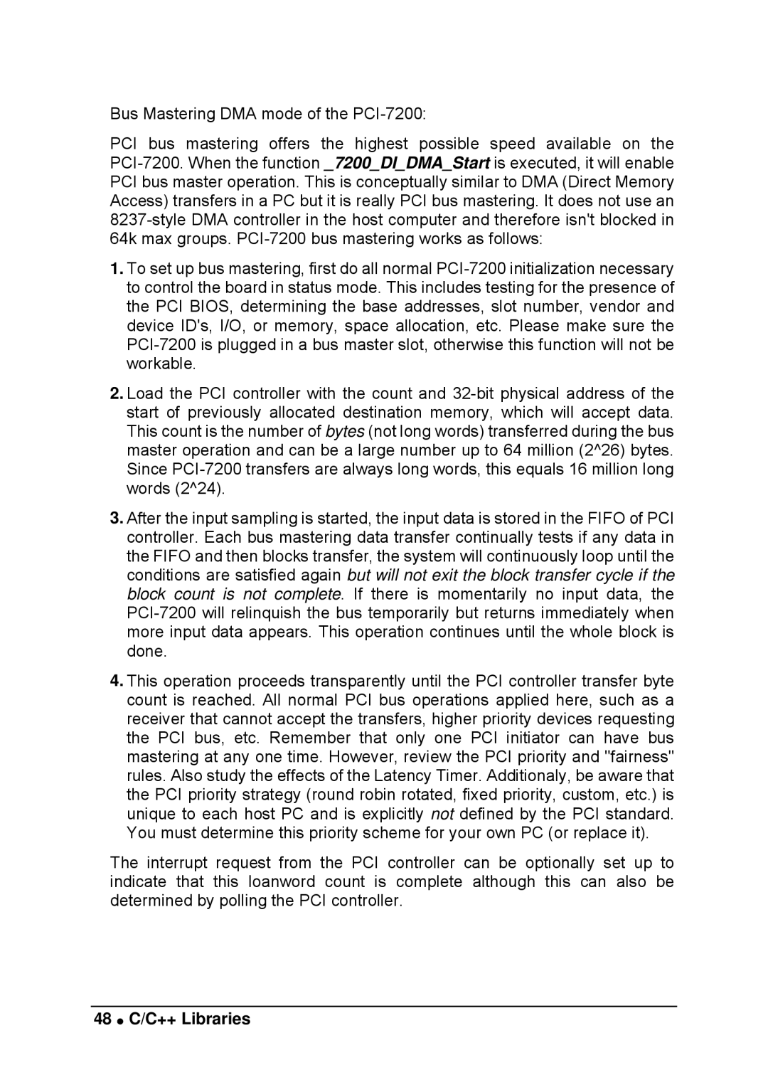 Intel LPCI-7200S manual Bus Mastering DMA mode of the PCI-7200, 48 C/C++ Libraries 