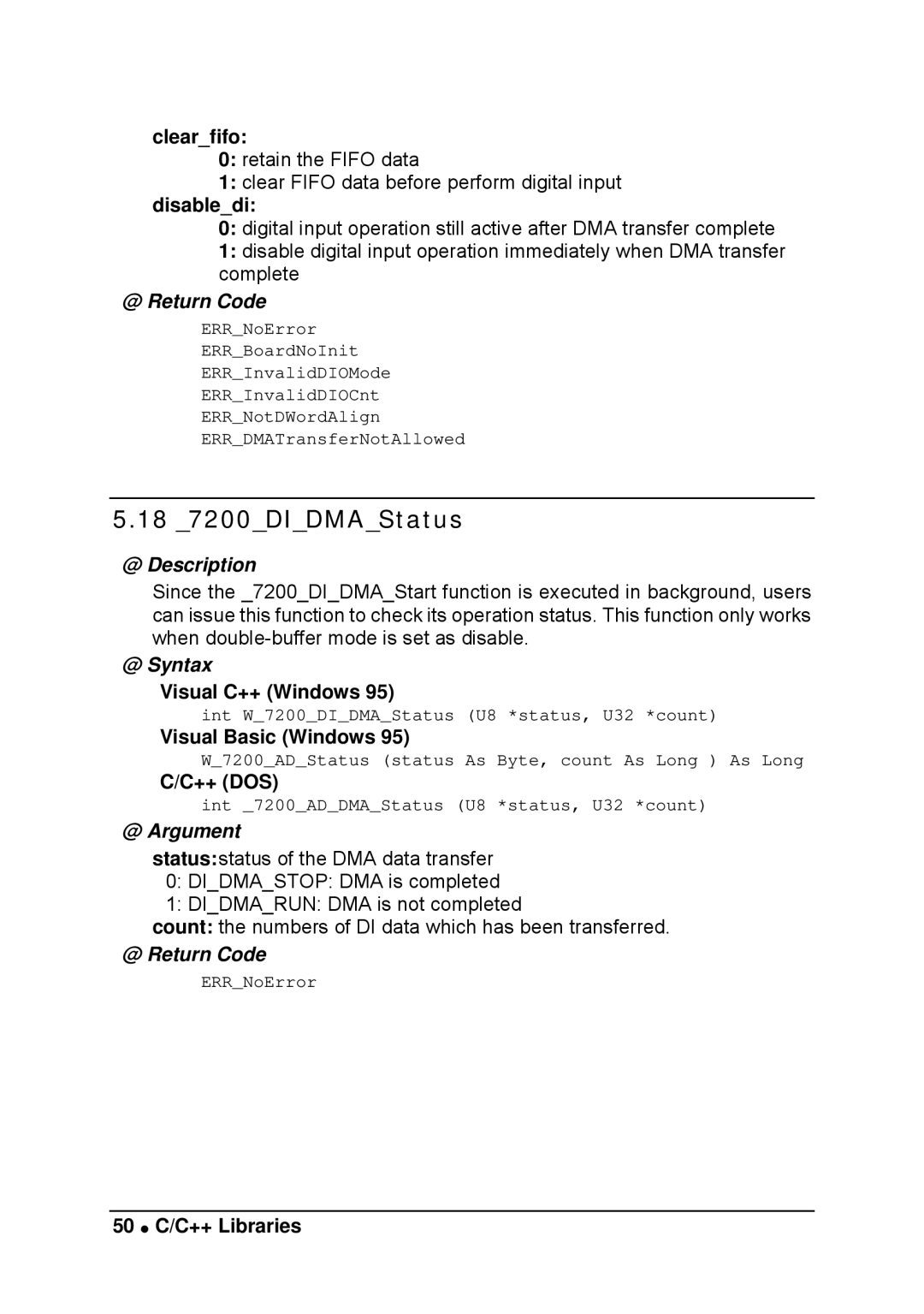 Intel LPCI-7200S manual 18 7200DIDMAStatus, Clearfifo, 50 C/C++ Libraries 