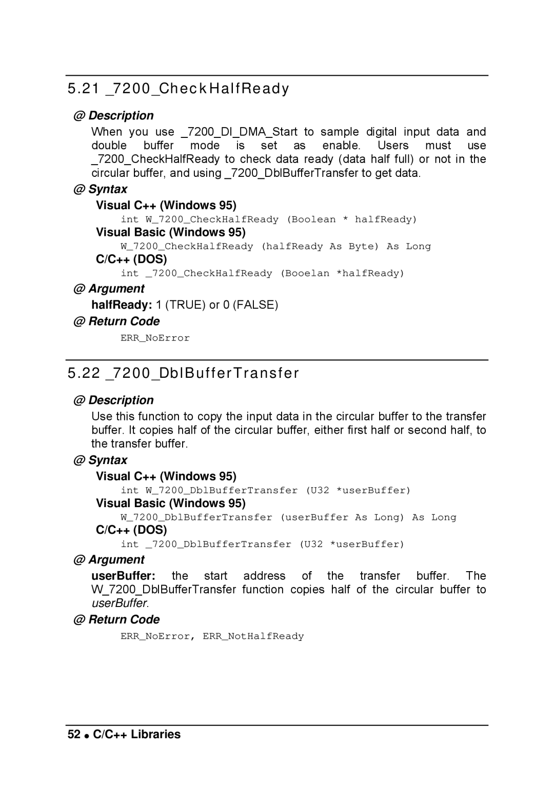 Intel LPCI-7200S manual 21 7200CheckHalfReady, 22 7200DblBufferTransfer, 52 C/C++ Libraries 