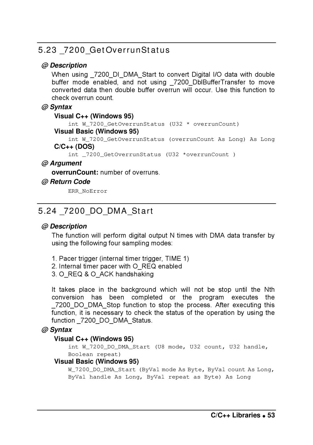 Intel LPCI-7200S manual 23 7200GetOverrunStatus, 24 7200DODMAStart 