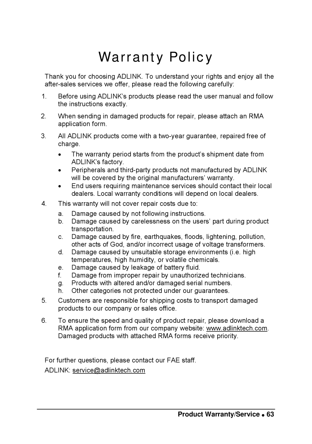 Intel LPCI-7200S manual Warranty Policy, Product Warranty/Service 