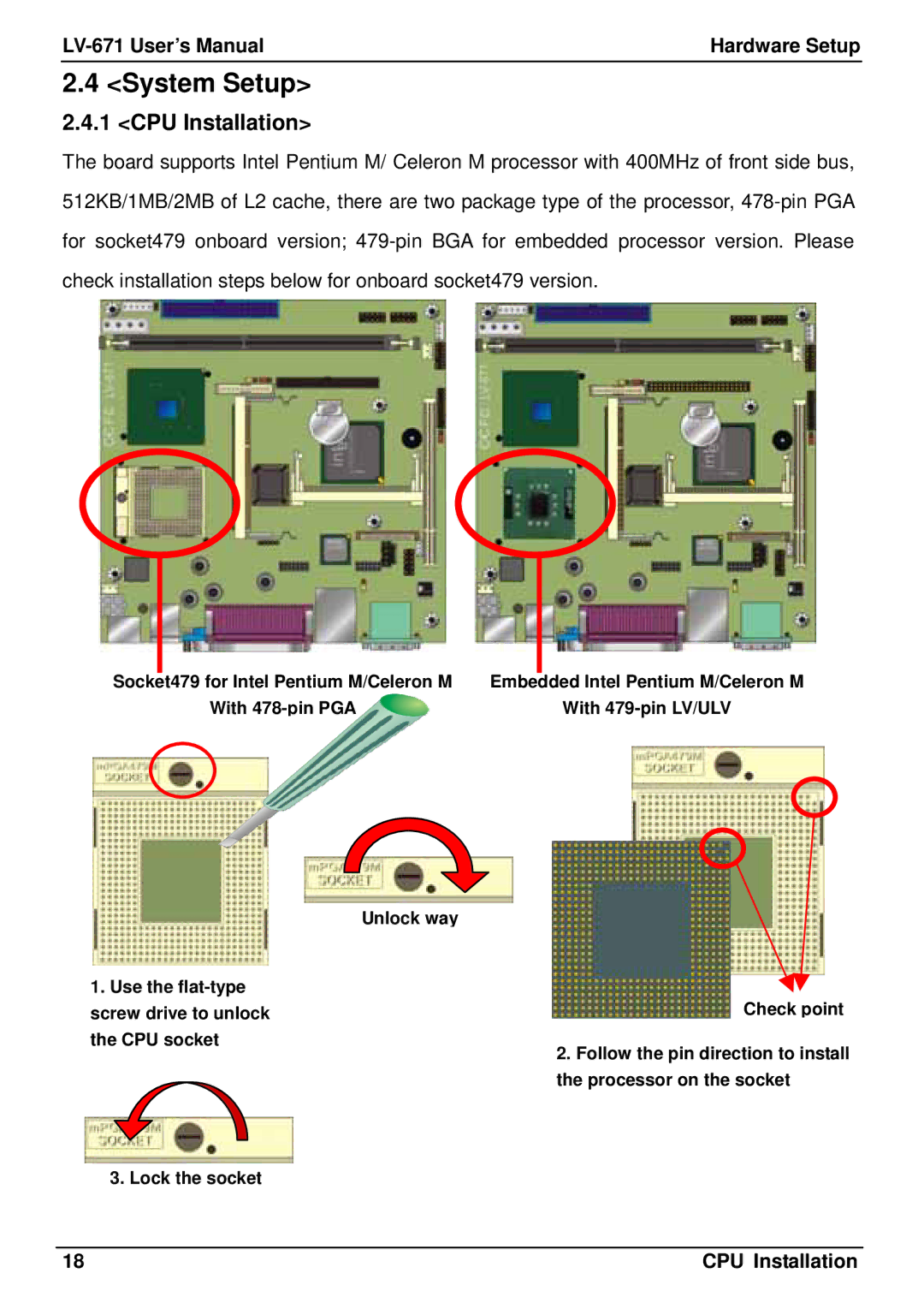 Intel LV-671 user manual System Setup, CPU Installation 