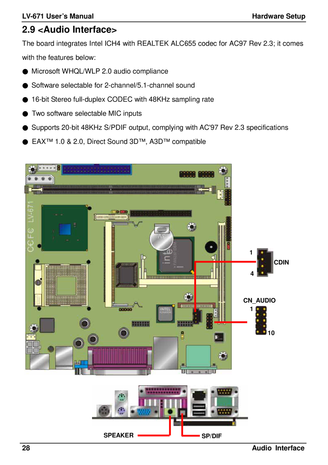 Intel LV-671 user manual Audio Interface 