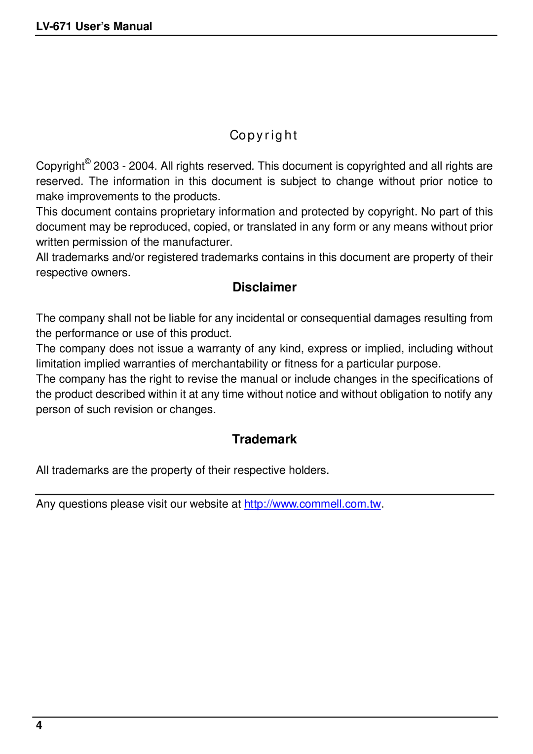 Intel LV-671 user manual Disclaimer, Trademark 