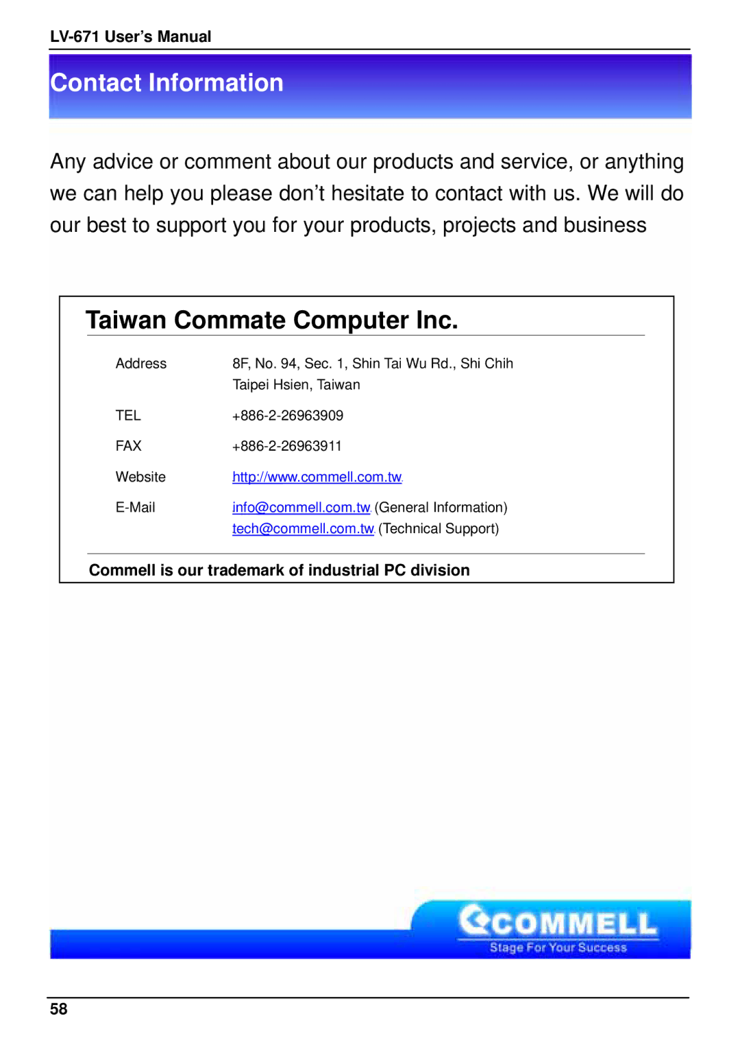 Intel LV-671 user manual Taiwan Commate Computer Inc, Commell is our trademark of industrial PC division 