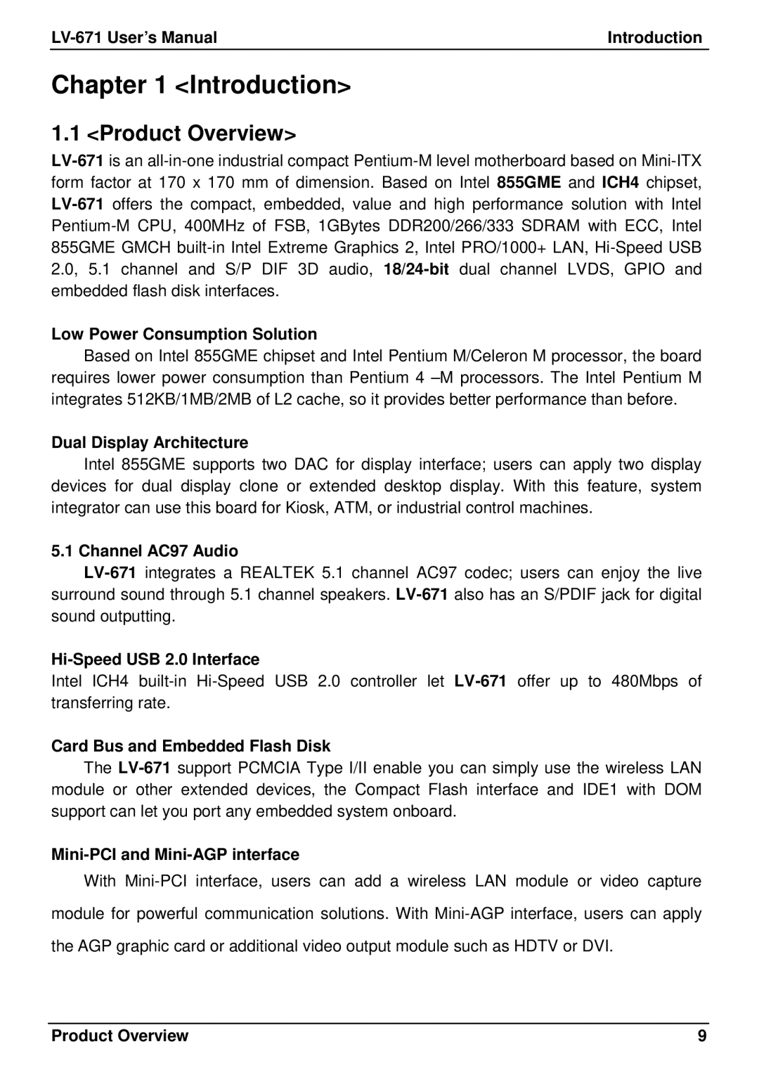 Intel LV-671 user manual Introduction, Product Overview 