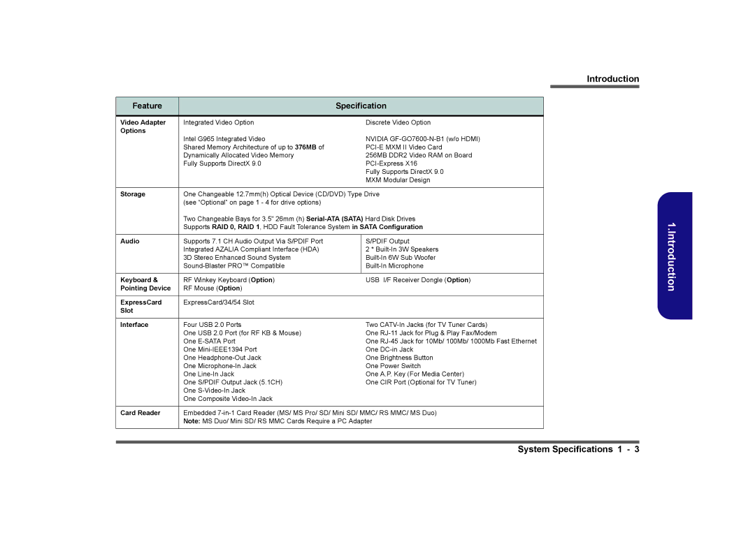 Intel LV22N Series, LV19C Series, LV19N Series, LV22C Series manual System Specifications 1 