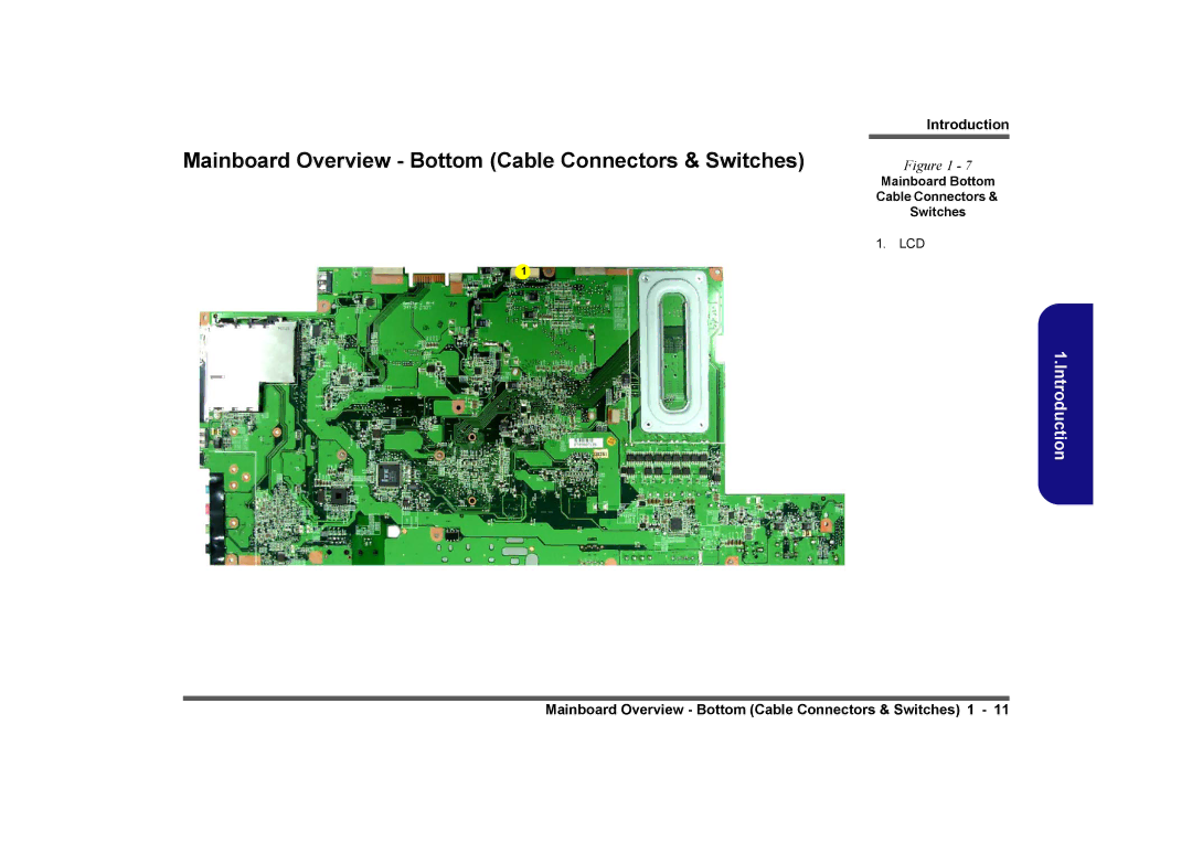 Intel LV22N Series manual Mainboard Overview Bottom Cable Connectors & Switches, Mainboard Bottom Cable Connectors Switches 