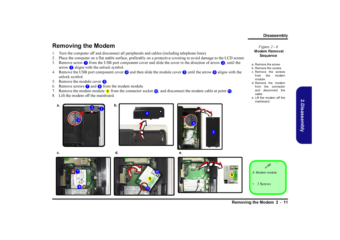 Intel LV22N Series, LV19C Series, LV19N Series, LV22C Series manual Removing the Modem, Modem Removal Sequence 