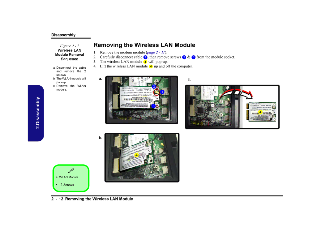 Intel LV22C Series, LV19C Series, LV19N Series manual Removing the Wireless LAN Module, Wireless LAN Module Removal Sequence 