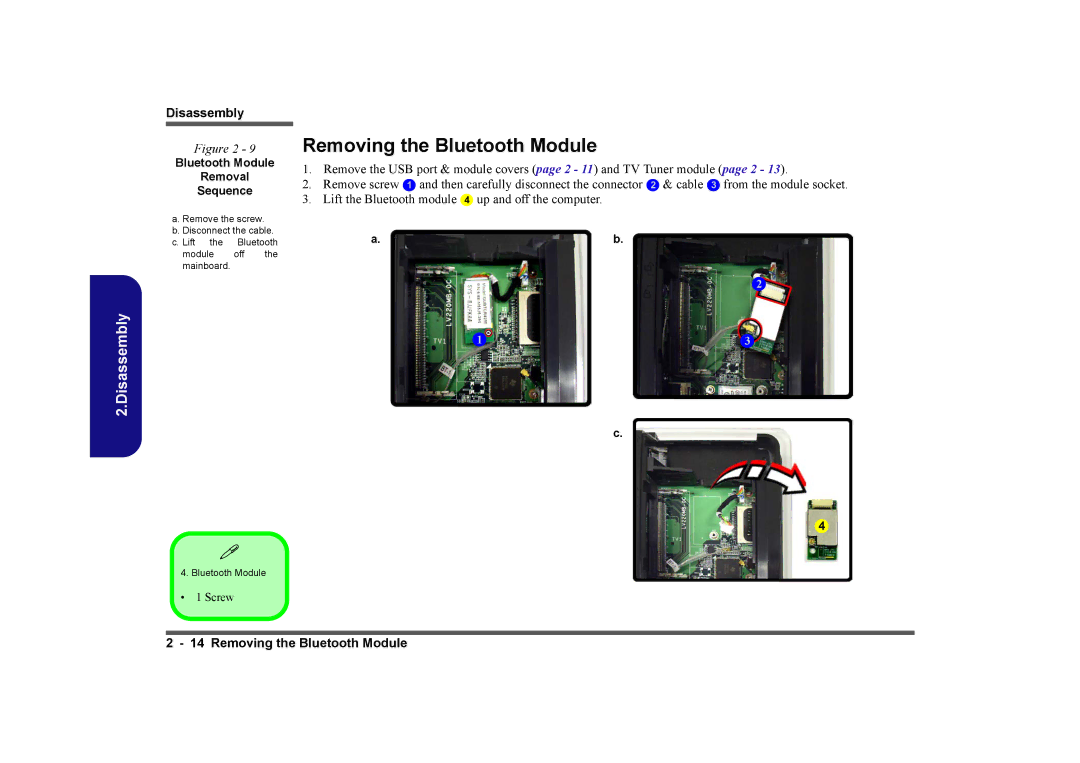 Intel LV19N Series, LV19C Series, LV22N Series manual Removing the Bluetooth Module, Bluetooth Module Removal Sequence 