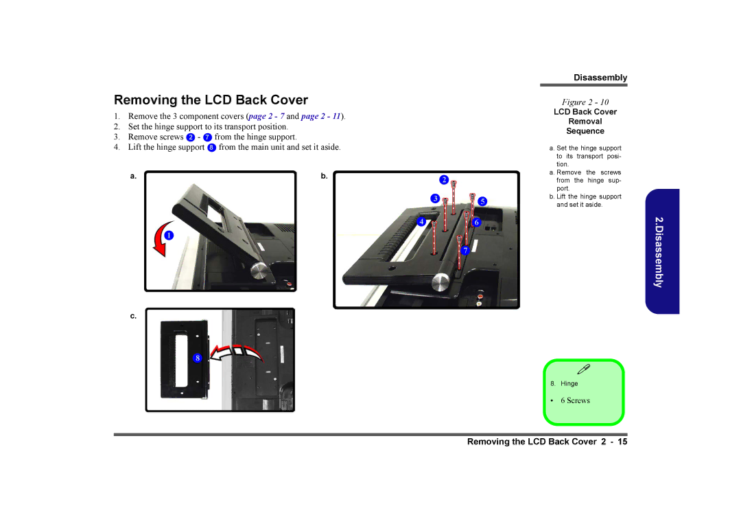 Intel LV22N Series, LV19C Series, LV19N Series, LV22C Series Removing the LCD Back Cover, LCD Back Cover Removal Sequence 