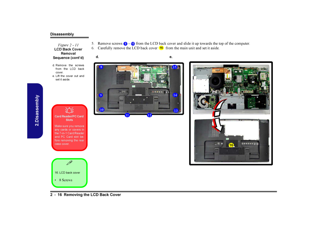 Intel LV22C Series, LV19C Series, LV19N Series manual LCD Back Cover Removal Sequence cont’d, Card Reader/PC Card Slots 