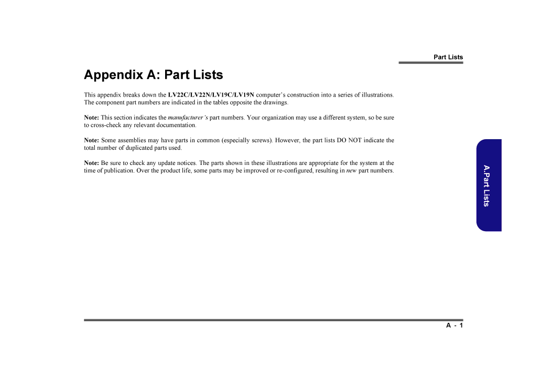 Intel LV22N Series, LV19C Series, LV19N Series, LV22C Series manual Appendix a Part Lists 