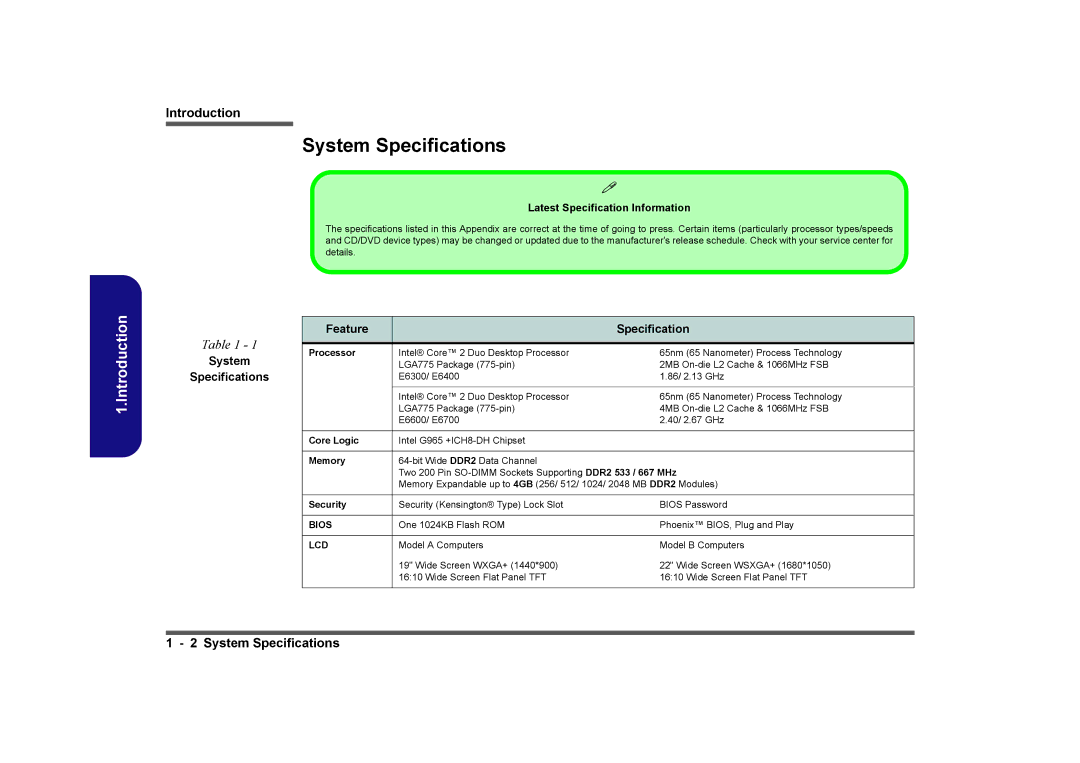 Intel LV19N Series, LV19C Series, LV22N Series, LV22C Series manual System Specifications, Feature Specification 