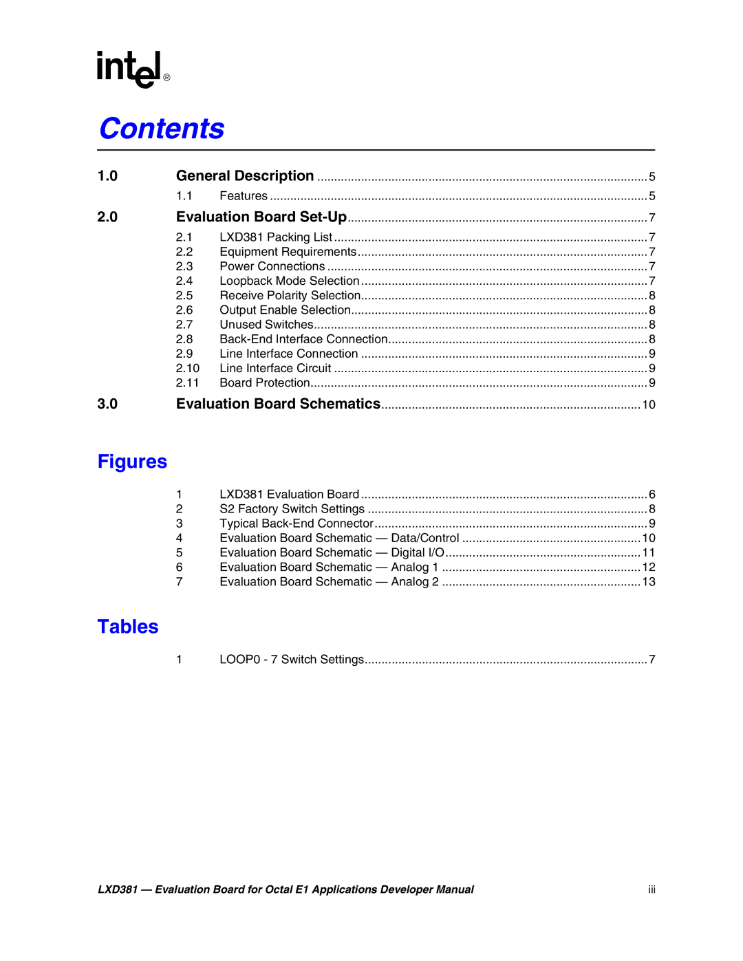 Intel LXD381 manual Contents 