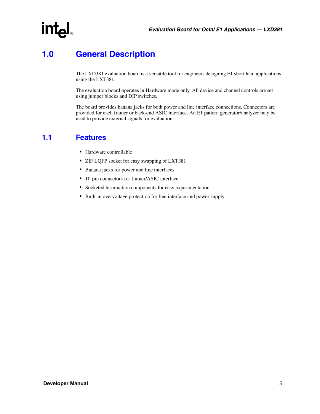 Intel LXD381 manual General Description, Features 