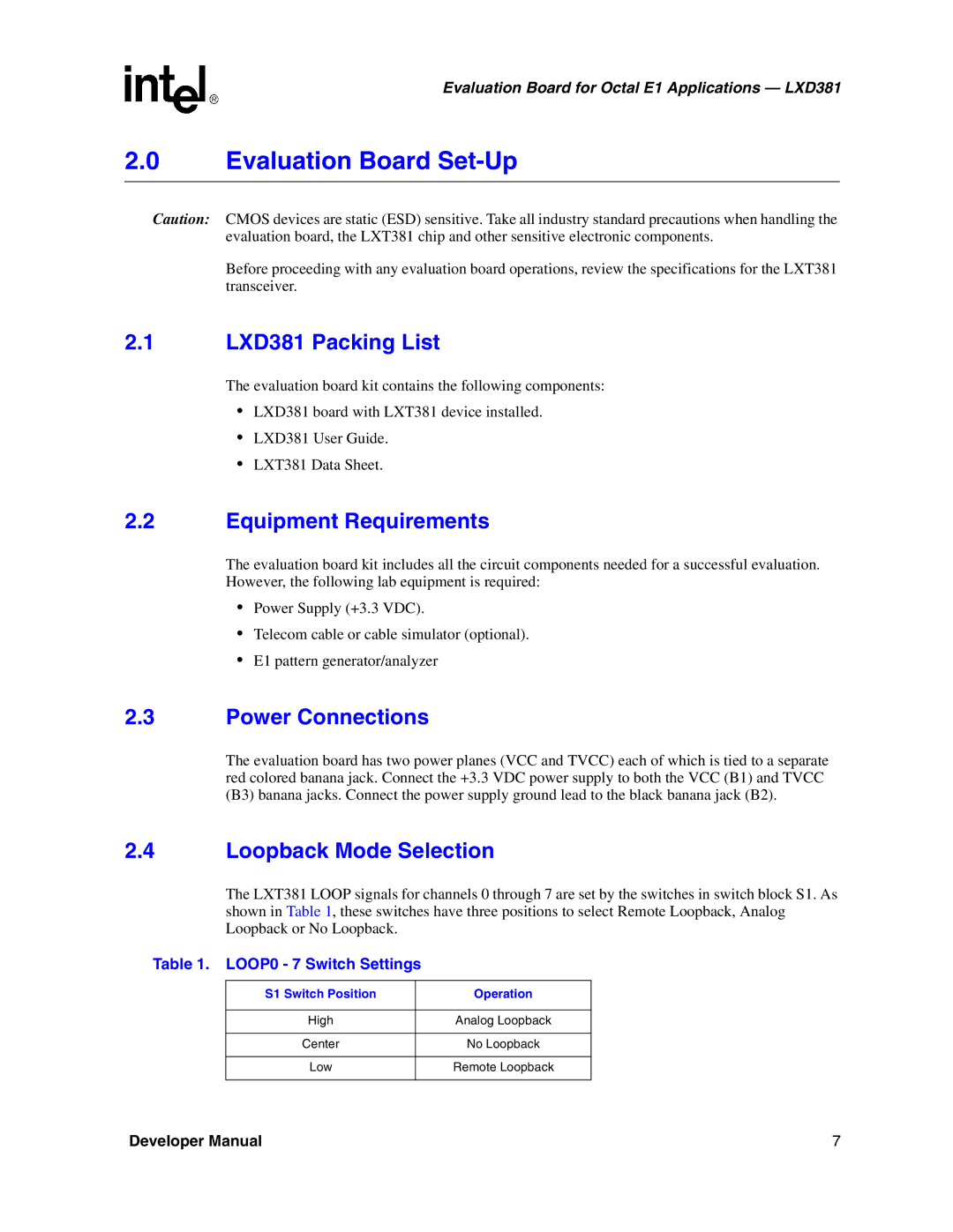 Intel Evaluation Board Set-Up, LXD381 Packing List, Equipment Requirements, Power Connections, Loopback Mode Selection 